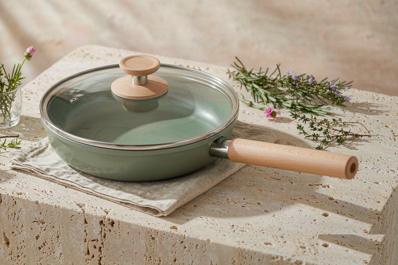 The Everyday Pan in Sage on a travertine counter